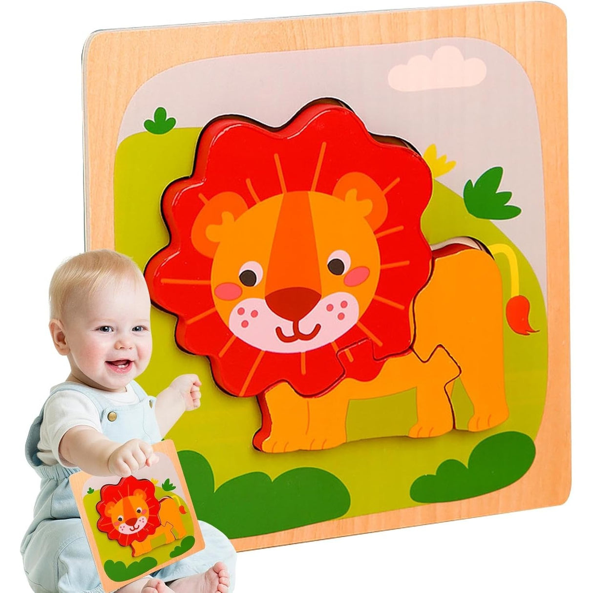 Puzzle Montessori Din Lemn Pentru Copii, 3D, 0-3 Ani, Model Leu, Educativ, Intuitiv, Creativ, 3 Piese, 15X15X0.5 Cm, Multicolor - vivimall.ro