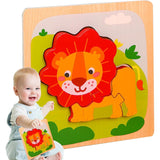 Puzzle Montessori din Lemn pentru Copii, Flippy, 3D, 0-3 Ani, Model Leu, Educativ, Intuitiv, Creativ, 3 Piese, 15x15x0.5 cm, Multicolor