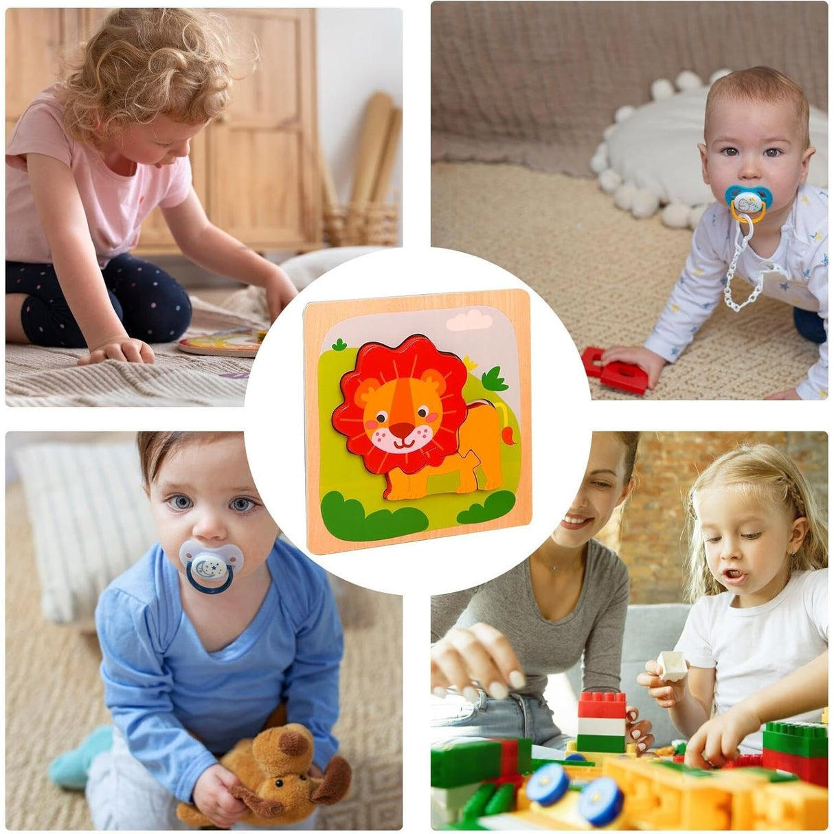 Puzzle Montessori Din Lemn Pentru Copii, 3D, 0-3 Ani, Model Leu, Educativ, Intuitiv, Creativ, 3 Piese, 15X15X0.5 Cm, Multicolor - vivimall.ro