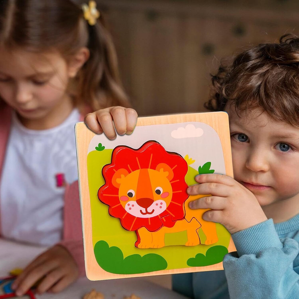 Puzzle Montessori Din Lemn Pentru Copii, 3D, 0-3 Ani, Model Leu, Educativ, Intuitiv, Creativ, 3 Piese, 15X15X0.5 Cm, Multicolor - vivimall.ro