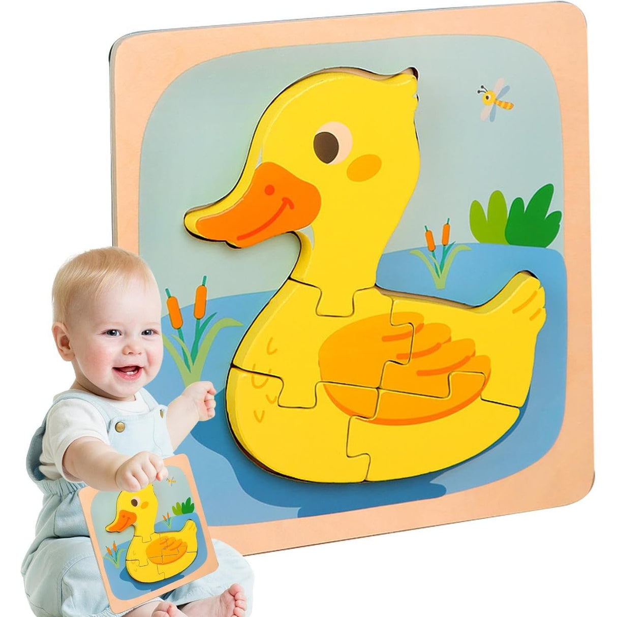 Puzzle Montessori Din Lemn Pentru Copii, 3D, 0-3 Ani, Model Ratusca, Educativ, Intuitiv, Creativ, 5 Piese, 15X15X0.5 Cm, Multicolor - vivimall.ro