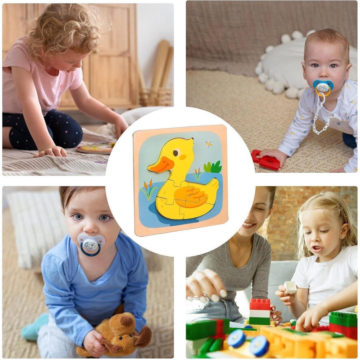 Puzzle Montessori Din Lemn Pentru Copii, 3D, 0-3 Ani, Model Ratusca, Educativ, Intuitiv, Creativ, 5 Piese, 15X15X0.5 Cm, Multicolor - vivimall.ro