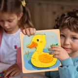 Puzzle Montessori Din Lemn Pentru Copii, 3D, 0-3 Ani, Model Ratusca, Educativ, Intuitiv, Creativ, 5 Piese, 15X15X0.5 Cm, Multicolor - vivimall.ro