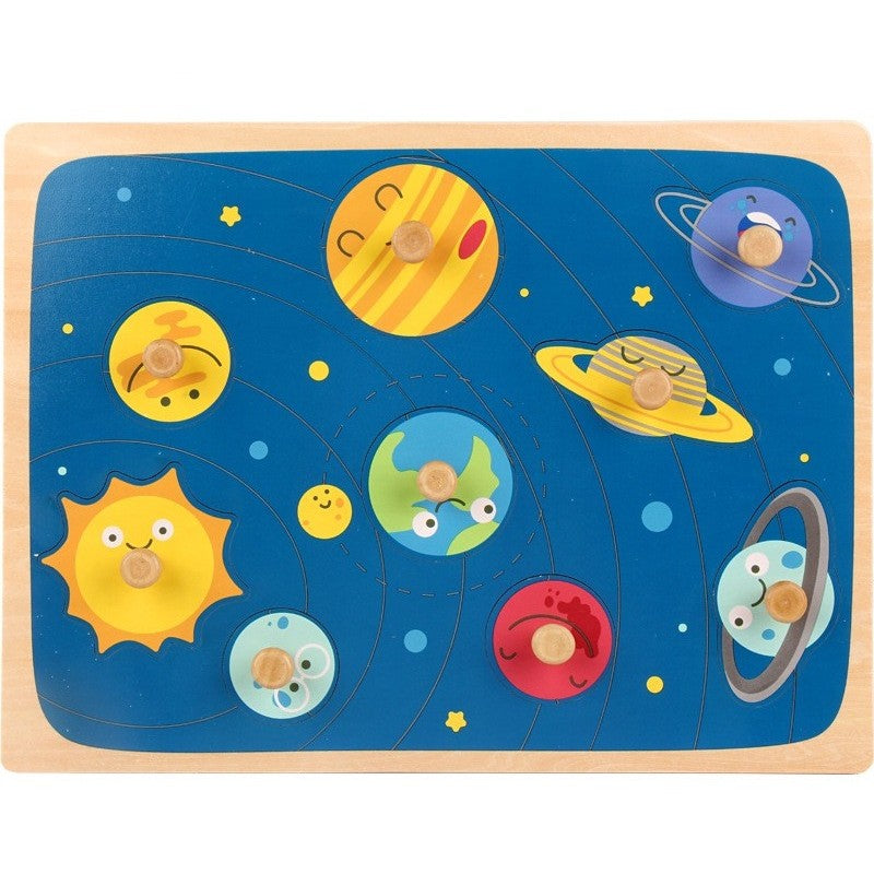 Puzzle Montessori din Lemn pentru Copii, Flippy, 3D, 0-3 Ani, Model Sistemul Solar, Educativ, Intuitiv, Creativ, 9 Piese, 30x22.5x0.8 cm, Multicolor