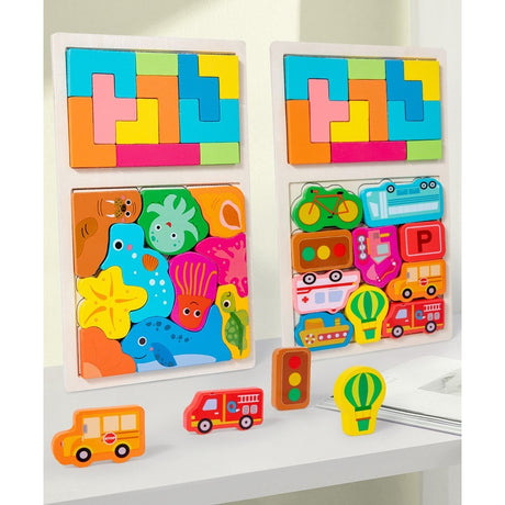 Puzzle Montessori Din Lemn Pentru Copii, Tip Tetris 2In1 +3 Ani, Cu Animale Marine Colorate 3D, Educativ, Intuitiv, Creativ, 21 De Piese, 28.5X17X1.2 Cm, Multicolor - vivimall.ro
