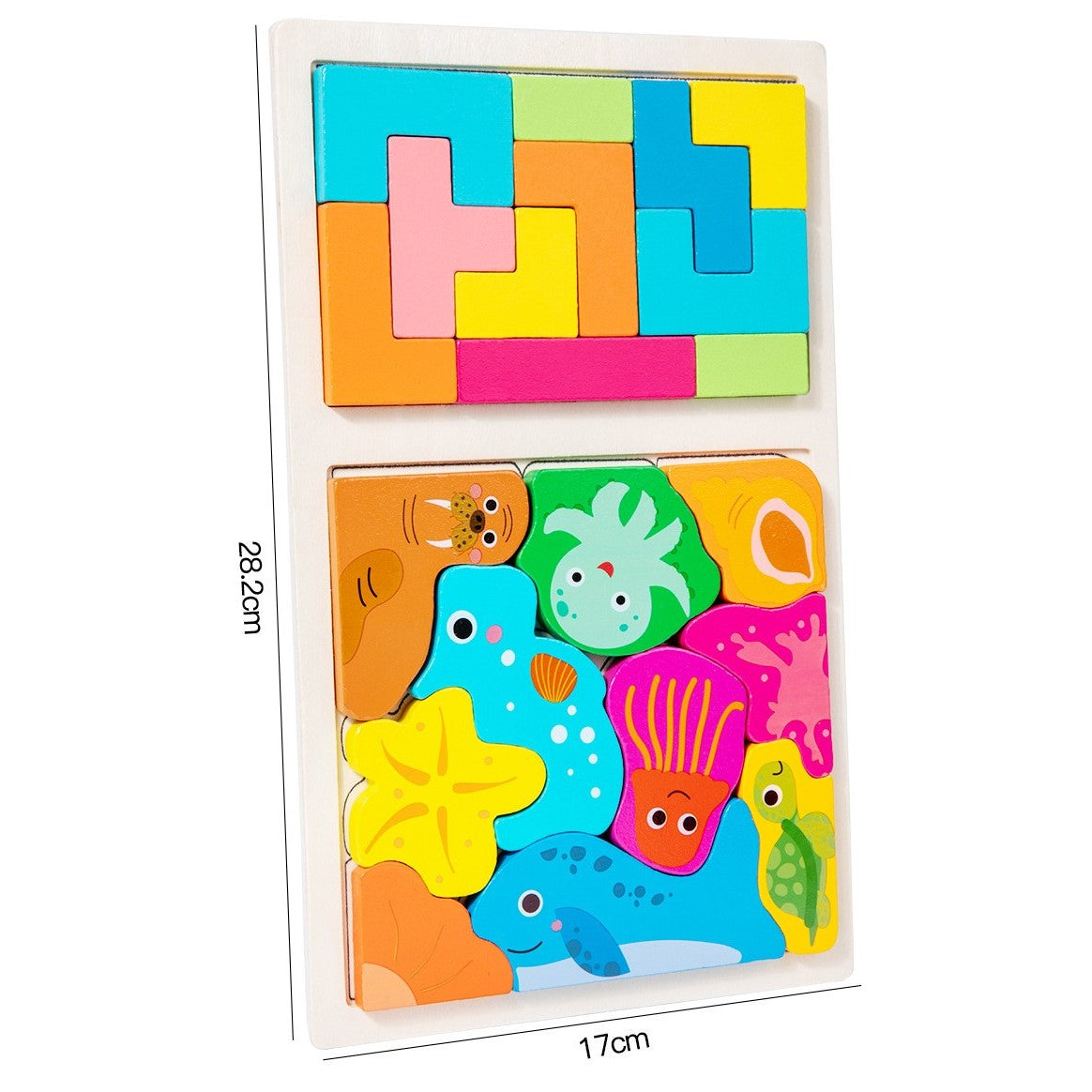 Puzzle Montessori Din Lemn Pentru Copii, Tip Tetris 2In1 +3 Ani, Cu Animale Marine Colorate 3D, Educativ, Intuitiv, Creativ, 21 De Piese, 28.5X17X1.2 Cm, Multicolor - vivimall.ro