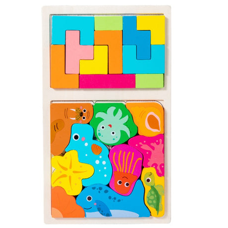 Puzzle Montessori Din Lemn Pentru Copii, Tip Tetris 2In1 +3 Ani, Cu Animale Marine Colorate 3D, Educativ, Intuitiv, Creativ, 21 De Piese, 28.5X17X1.2 Cm, Multicolor - vivimall.ro