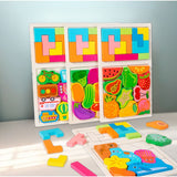 Puzzle Montessori din Lemn pentru Copii, Vivimall, Tip Tetris 2in1 +3 Ani, cu Fructe Colorate 3D, Educativ, Intuitiv, Creativ, 21 de Piese, 28.5x17x1.2 cm, Multicolor - vivimall.ro