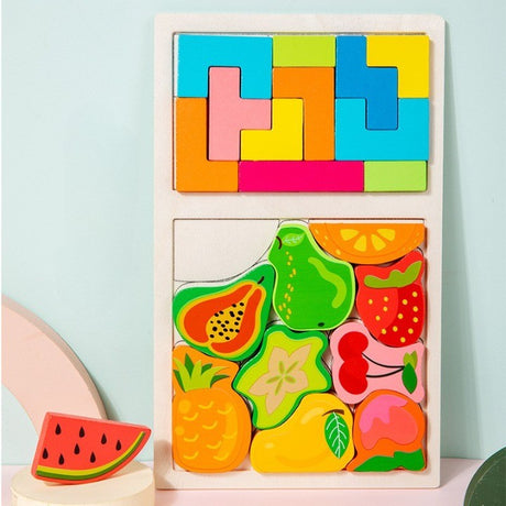 Puzzle Montessori Din Lemn Pentru Copii, Tip Tetris 2In1 +3 Ani, Cu Fructe Colorate 3D, Educativ, Intuitiv, Creativ, 21 De Piese, 28.5X17X1.2 Cm, Multicolor - vivimall.ro