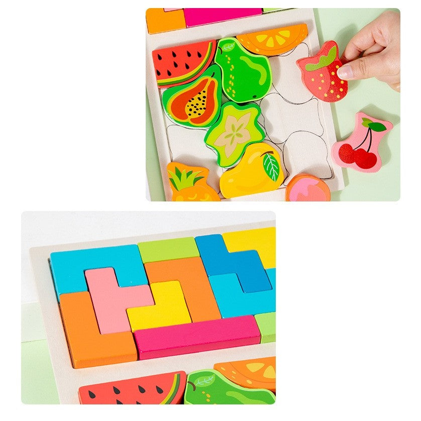 Puzzle Montessori Din Lemn Pentru Copii, Tip Tetris 2In1 +3 Ani, Cu Fructe Colorate 3D, Educativ, Intuitiv, Creativ, 21 De Piese, 28.5X17X1.2 Cm, Multicolor - vivimall.ro