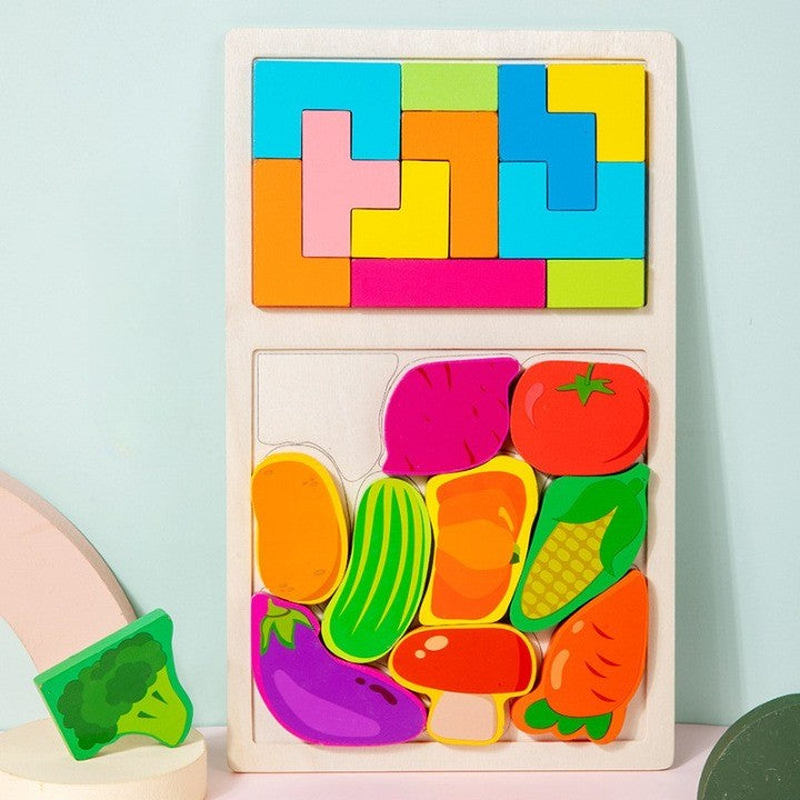 Puzzle Montessori din Lemn pentru Copii, Vivimall, Tip Tetris 2in1 +3 Ani, cu Legume Colorate 3D, Educativ, Intuitiv, Creativ, 21 de Piese, 28.5x17x1.2 cm, Multicolor - vivimall.ro