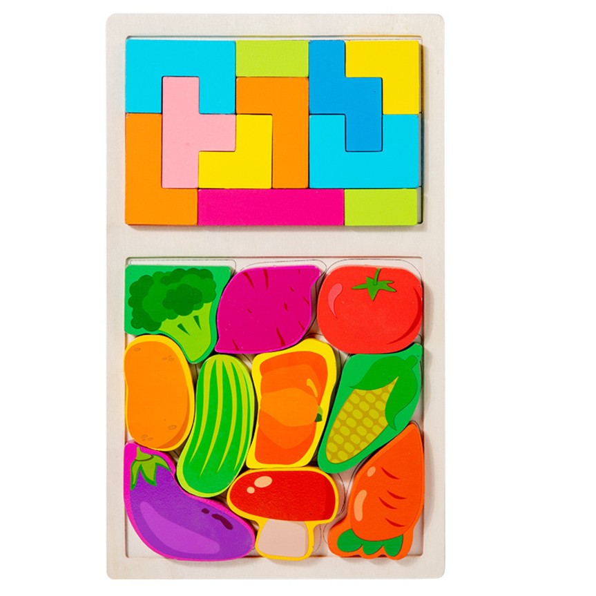 Puzzle Montessori din Lemn pentru Copii, Vivimall, Tip Tetris 2in1 +3 Ani, cu Legume Colorate 3D, Educativ, Intuitiv, Creativ, 21 de Piese, 28.5x17x1.2 cm, Multicolor - vivimall.ro