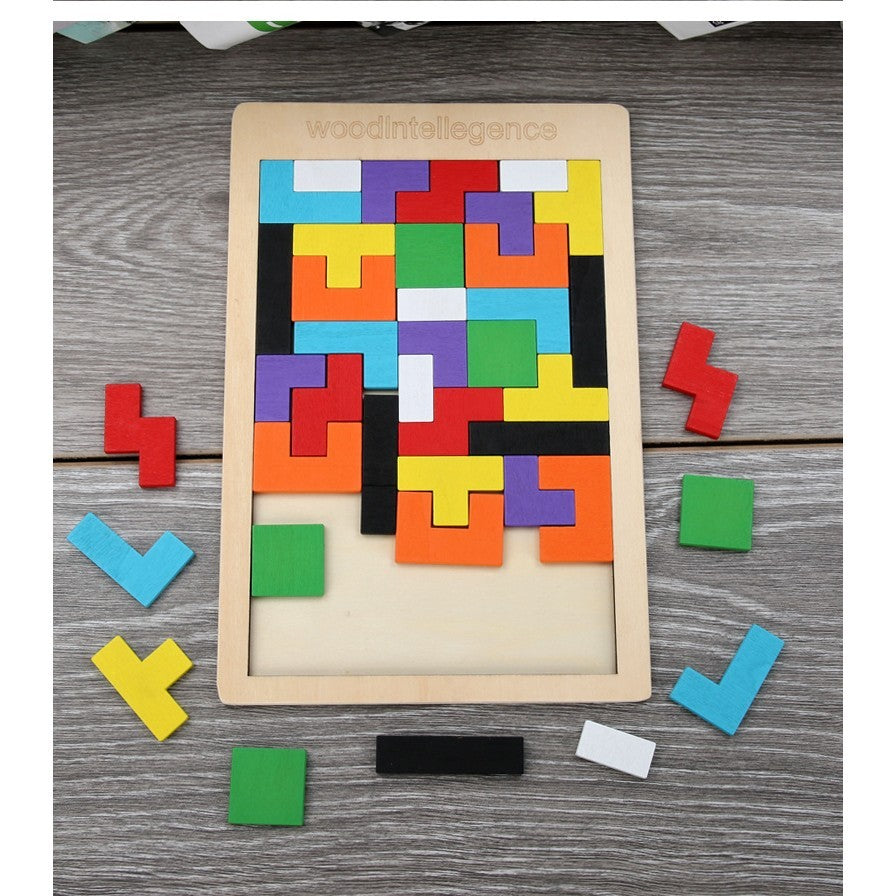 Puzzle Montessori, Din Lemn, Tip Tetris, +36 Luni, Forme Neregulate, 40 Piese
