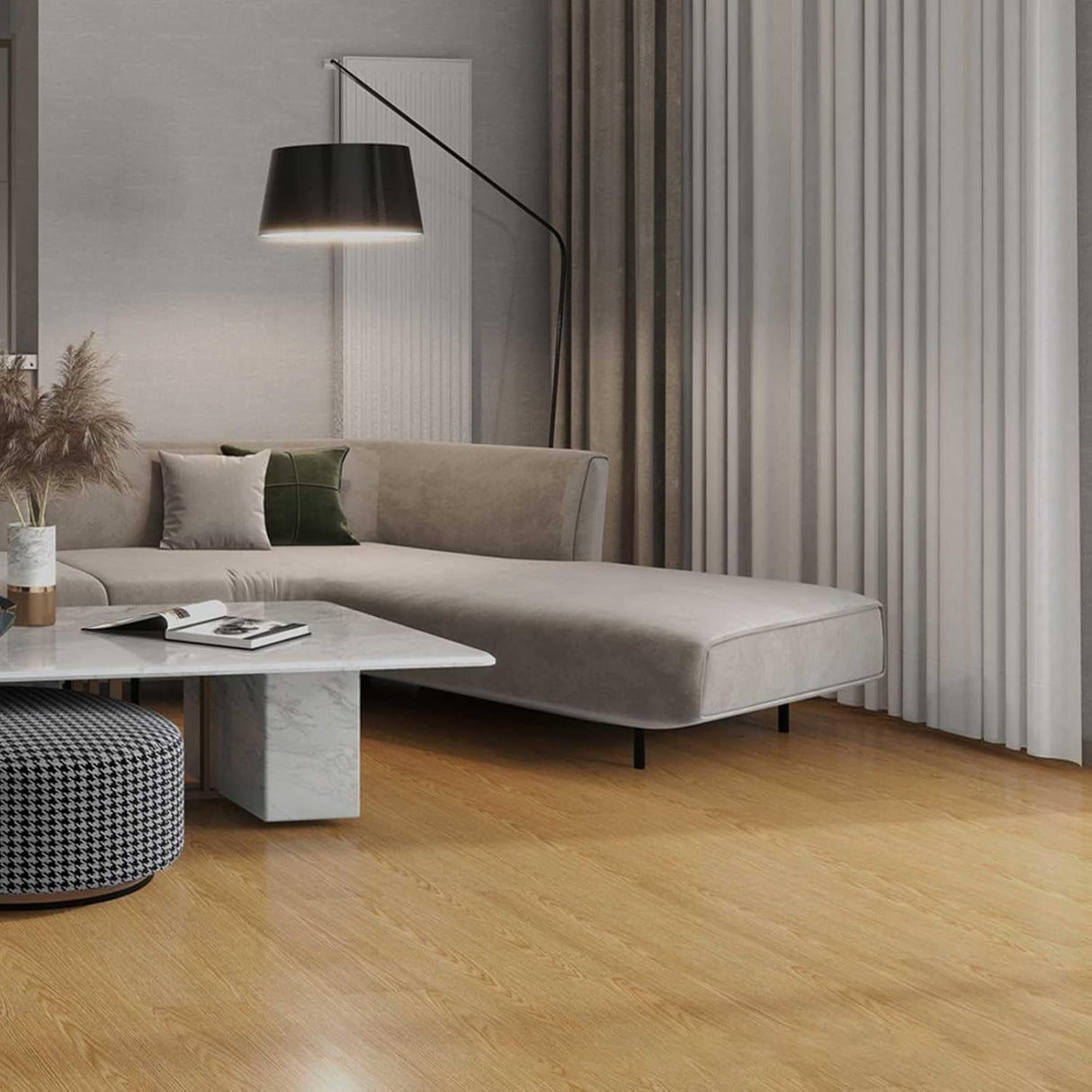 Set 36 Placi Autoadezive pentru Pardoseala, Flippy, din PVC, Impermeabil, Ignifug, Usor de Curatat, Dimensiune Placa 91.44 x 15.24 cm, Grosime 1.5 mm, Acoperire 5 m2, Model 12, Crem - vivimall.ro