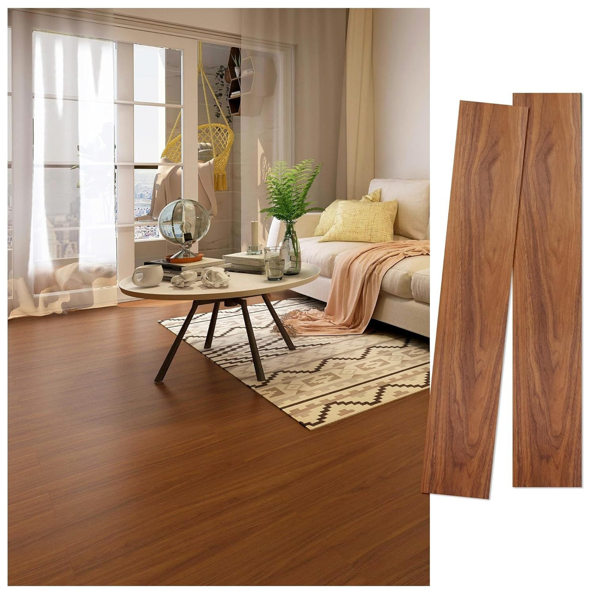 Set 36 Placi Autoadezive pentru Pardoseala, Flippy, din PVC, Impermeabil, Ignifug, Usor de Curatat, Dimensiune Placa 91.44 x 15.24 cm, Grosime 1.5 mm, Acoperire 5 m2, Model 8, Caramiziu - vivimall.ro