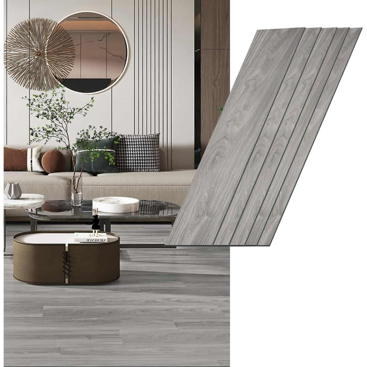 Set 36 Placi Autoadezive pentru Pardoseala, Flippy, din PVC, Impermeabil, Ignifug, Usor de Curatat, Dimensiune Placa 91.44 x 15.24 cm, Grosime 1.5 mm, Acoperire 5 m2, Model 1, Gri - vivimall.ro