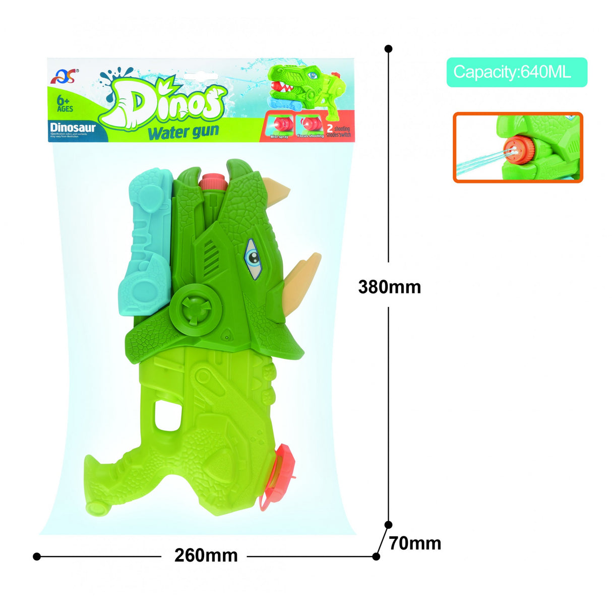 Pistol Cu Apa Pentru Copii, Rezervor, Pentru Piscina/Plaja, 6Ani+, Triceratops, 3 Duze, 640Ml - vivimall.ro