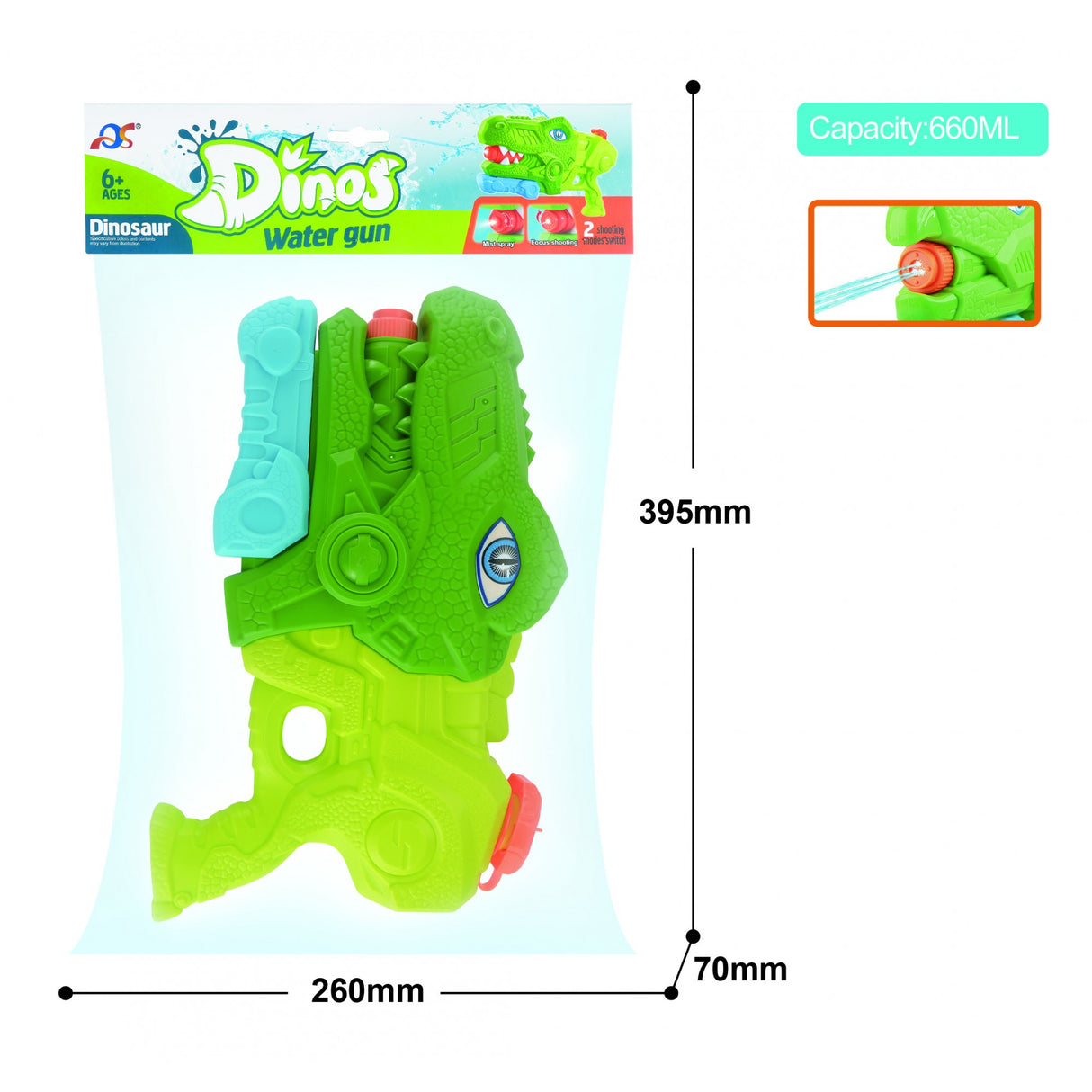 Pistol Cu Apa Pentru Copii, Rezervor, Pentru Piscina/Plaja, 6Ani+, Tiranozaur, 3 Duze, 660Ml - vivimall.ro