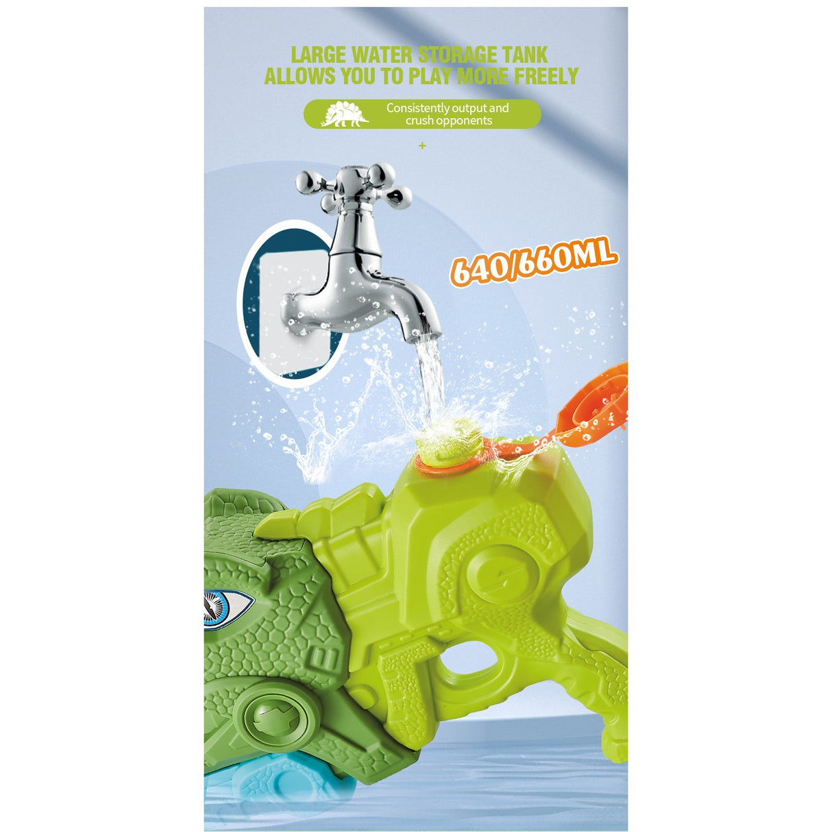 Pistol Cu Apa Pentru Copii, Rezervor, Pentru Piscina/Plaja, 6Ani+, Tiranozaur, 3 Duze, 660Ml - vivimall.ro