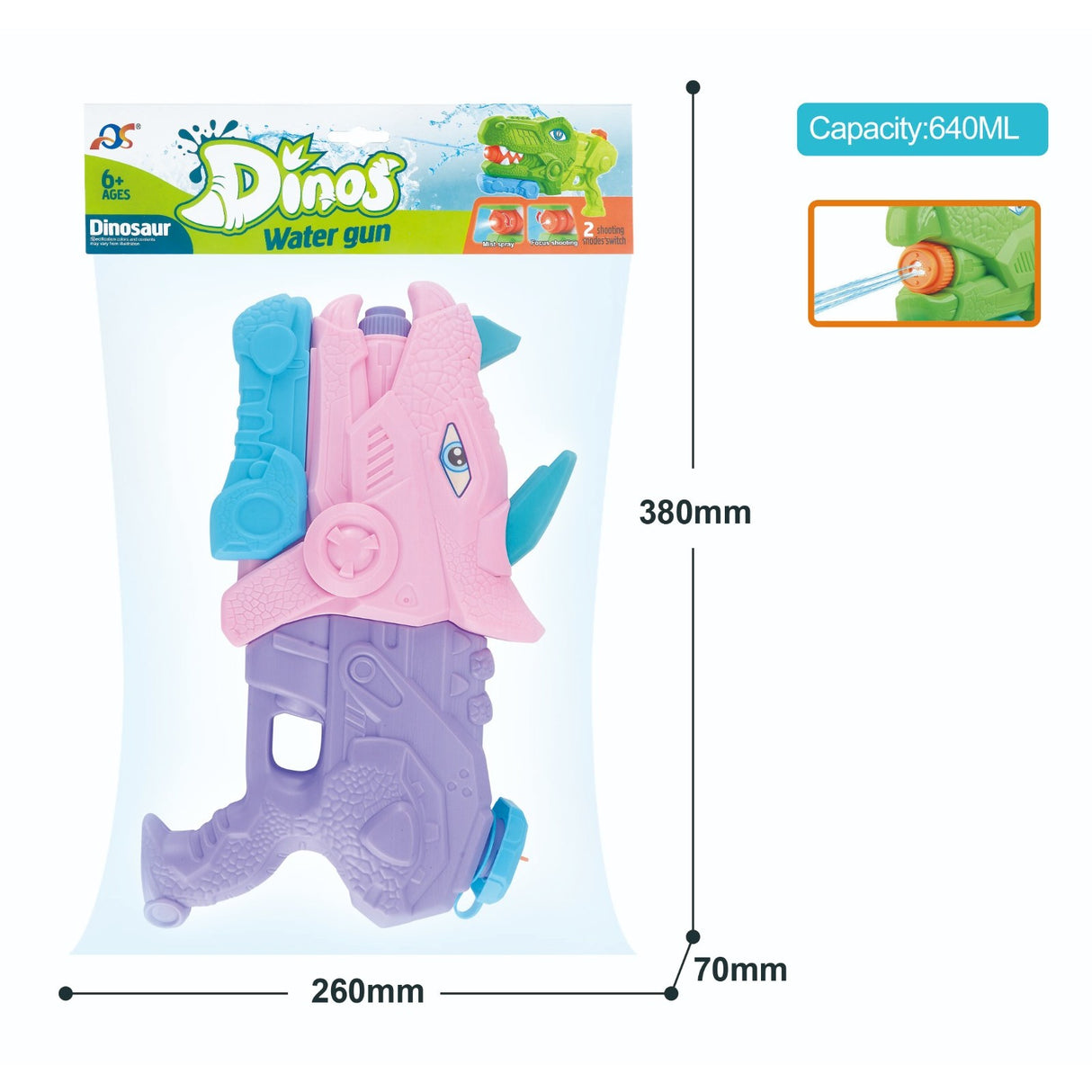Pistol Cu Apa Pentru Copii, Rezervor, Pentru Piscina/Plaja, 6Ani+, Triceratops, 3 Duze, 640Ml - vivimall.ro