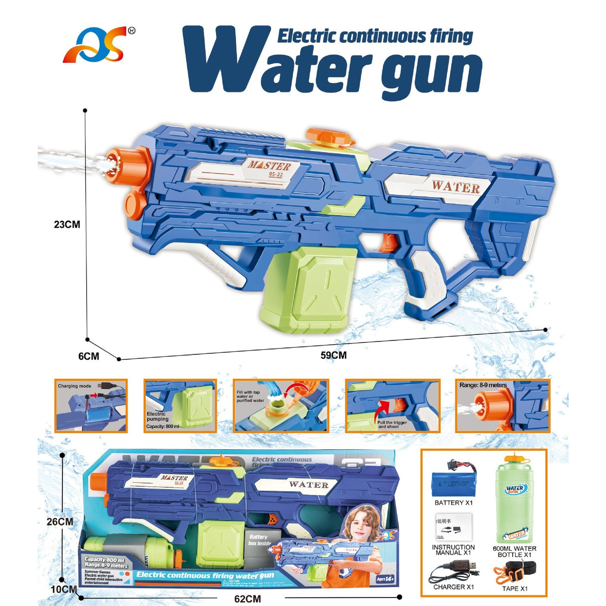 Pistol Cu Apa Pentru Copii, Rezervor 600Ml, 14Ani+, Cu Baterie 1200Mah, Electric Burst, Albastru/Verde, 800Ml - vivimall.ro