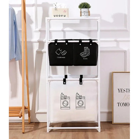 Cos de Rufe, Vivimall, 3 Rafturi, 3 Cosuri, Cadru de Otel Inoxidabil, 123x28x57 cm, Alb - vivimall.ro