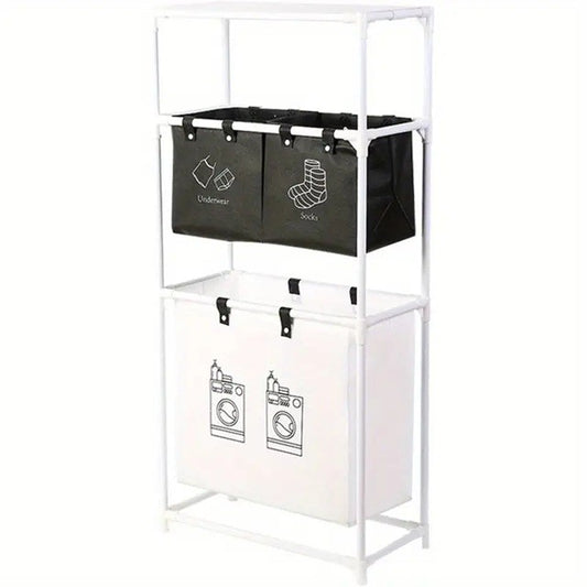 Cos de Rufe, Vivimall, 3 Rafturi, 3 Cosuri, Cadru de Otel Inoxidabil, 123x28x57 cm, Alb