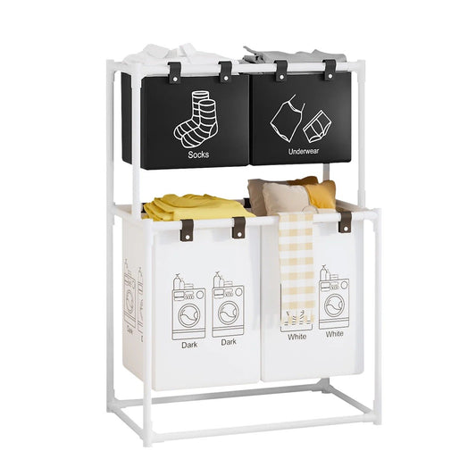 Cos de Rufe, Vivimall, cu 2 Etaje, 4 Cosuri, Cadru de Otel Inoxidabil, 97x44x57 cm, Alb