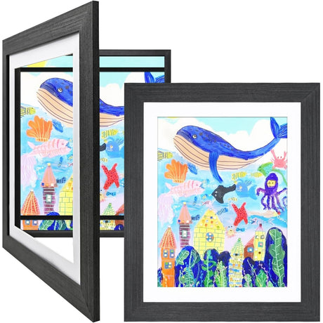 Rama Foto Flippy, din Lemn, cu Spatiu Pentru Depozitare, Pentru Desene si Picturi A4, Sticla Securizata, Rama MDF, Negru