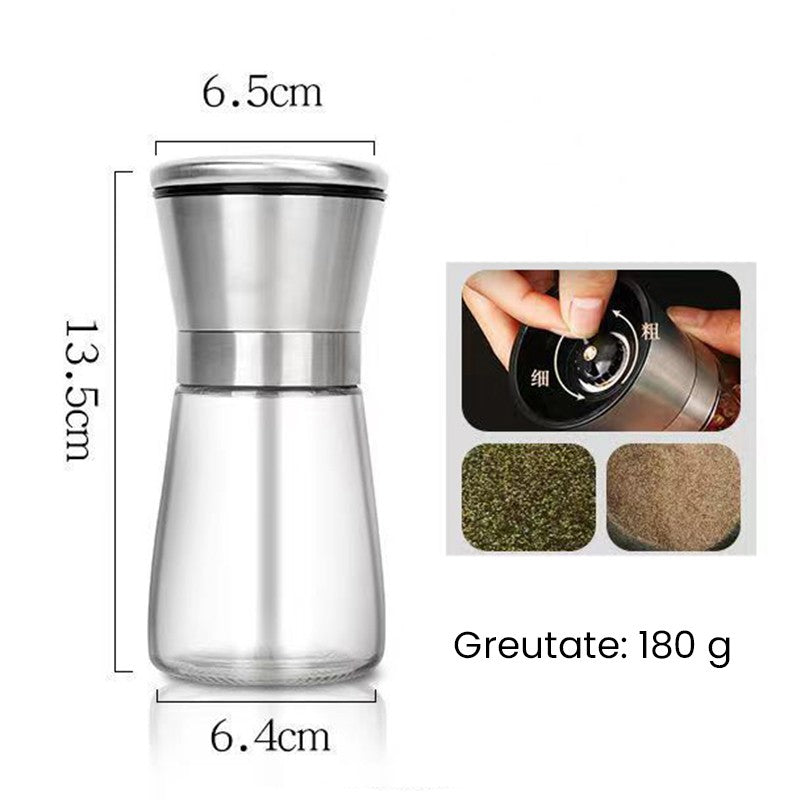 Rasnita Manuala pentru boabe, Vivimall, Rasnita pentru Piper Sare Cafea, din Sticla cu Otel inoxidabil, 13.5 x 6.5 cm, volum 180 ml, Transparenta cu Capac din Inox - vivimall.ro