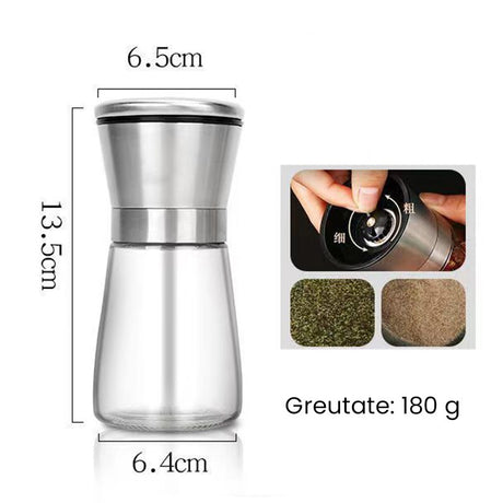 Rasnita Manuala pentru boabe, Vivimall, Rasnita pentru Piper Sare Cafea, din Sticla cu Otel inoxidabil, 13.5 x 6.5 cm, volum 180 ml, Transparenta cu Capac din Inox - vivimall.ro