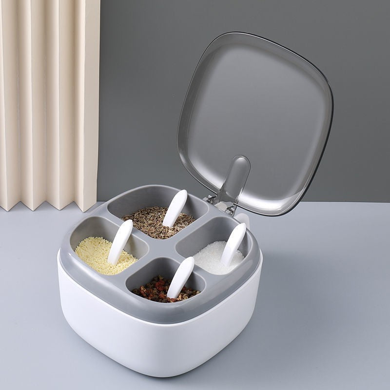Recipient Pentru Condimente 4 Casute, Potrivit Pentru Sare, Cimbru, Piper, Condimente, 4 Lingurite Din Plastic, Capac Din Plastic, Maner, 14X14X8 Cm - vivimall.ro