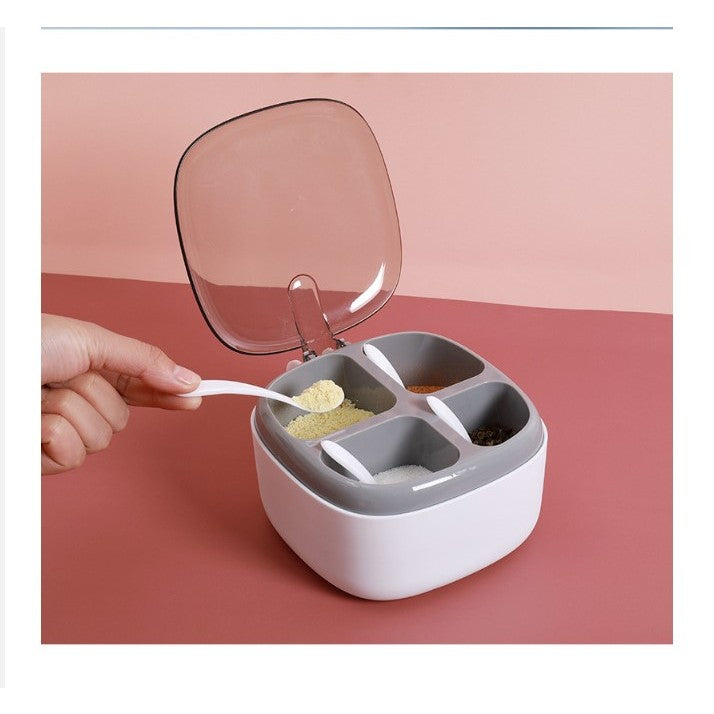 Recipient Pentru Condimente 4 Casute, Potrivit Pentru Sare, Cimbru, Piper, Condimente, 4 Lingurite Din Plastic, Capac Din Plastic, Maner, 14X14X8 Cm - vivimall.ro