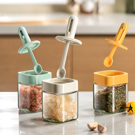 Recipient pentru Depozitarea Condimentelor, Vivimall, Borcan din Sticla, Capac si Lingura Incorporate, Uz Casnic, 300 ml, 7.1x7.1x14.8 cm, Verde - vivimall.ro
