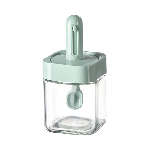 Recipient pentru Depozitarea Condimentelor, Vivimall, Borcan din Sticla, Capac si Lingura Incorporate, Uz Casnic, 300 ml, 7.1x7.1x14.8 cm, Verde - vivimall.ro