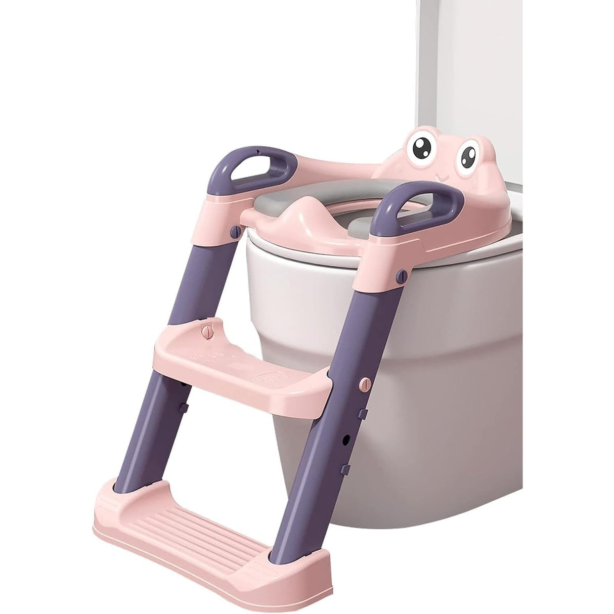 Reductor Si Scaunel Inaltator Wc, Pentru Copii 1 - 7 Ani, 2 Trepte Reglabile, Pliabil, Colac Moale, Cu Spatar Si Manere, Inaltime 54/58 Cm X 39.5 X 35 Cm, Din Plastic+Pvc, Roz/Mov - vivimall.ro