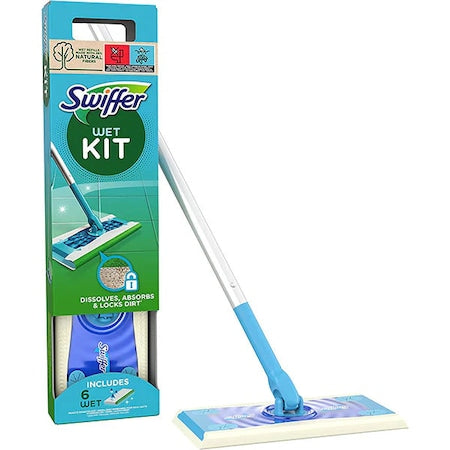 Swiffer Wet Kit — mop + 6 lavete umede, cap rotativ 360°, alb/albastru - vivimall.ro