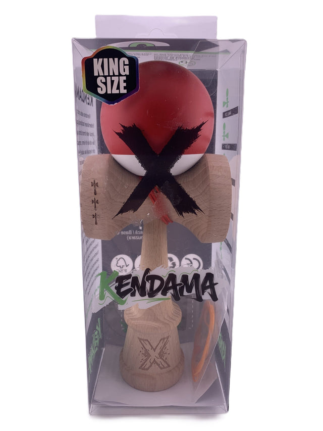 Kendama profesională Flippy King Size V3 bicolor roșu și alb, vedere frontală, corp lemn 18 cm