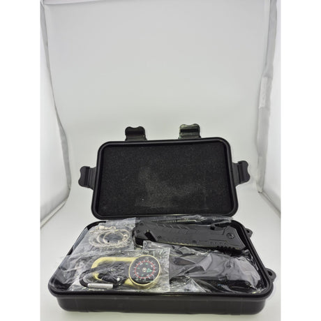 Resigilat: Kit supravietuire 19 in 1 Flippy, Cutit/Busola/Lanterna/Fluier/Chingi/Paracord, pentru Caping, Drumetii, Aventuri, Insturmente profesionale, Negru - vivimall.ro