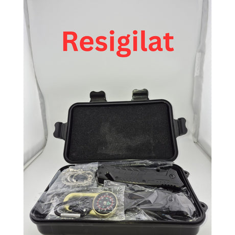Resigilat: Kit supravietuire 19 in 1 Flippy, Cutit/Busola/Lanterna/Fluier/Chingi/Paracord, pentru Caping, Drumetii, Aventuri, Insturmente profesionale, Negru - vivimall.ro