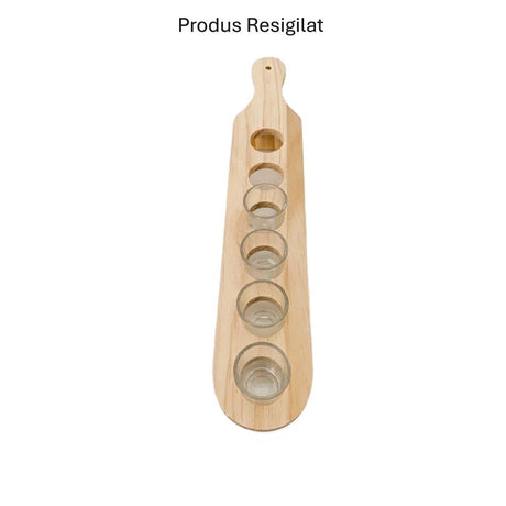 RESIGILAT - Set 6 Pahare Shot din Sticla Flippy, cu Suport din Lemn, Design Rustic, 49.5 x 7 x 6.5 cm, Maro - vivimall.ro