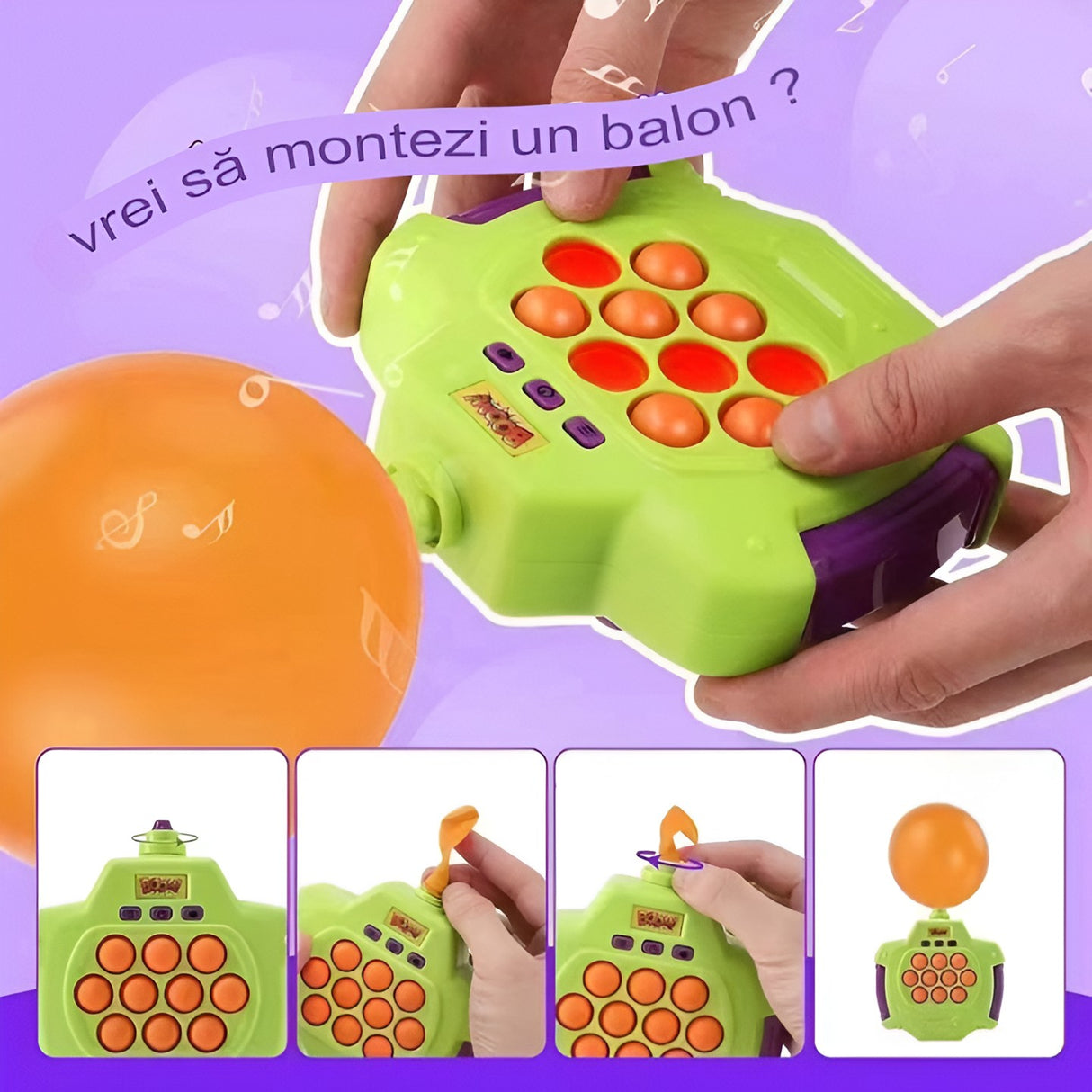 Joc Pop-It Antistres, Vivimall, Electronic, 50 de Baloane, Muzica, 2 Moduri de Joc, Nivel Maxim 200, 14.5x13.5x5.7cm, Verde - vivimall.ro