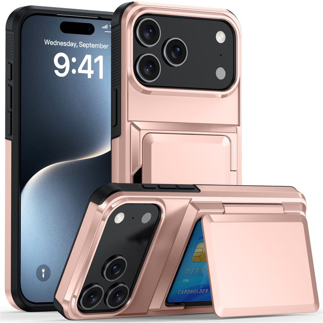 Husă iPhone 17 Pro din policarbonat Rose Gold cu compartiment carduri, vedere frontală