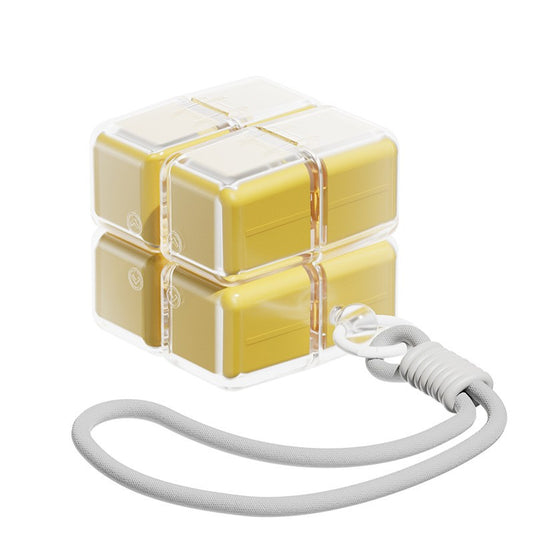 Cutie pentru Medicamente, Flippy, Model Rubik' Cube, cu Curea de Agatare, Dozator Portabil de Medicamente, Dispenser Pastile, estimat pentru 7 zile, 7.3 x 6 x 6 cm, Galben - vivimall.ro