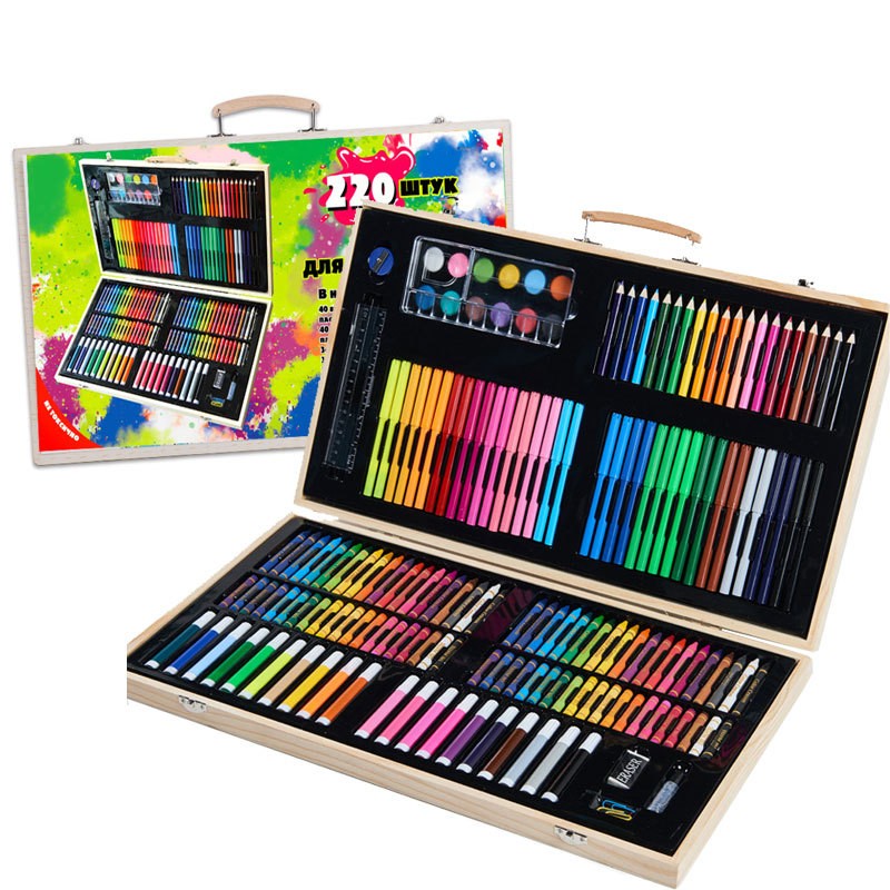 Set 220 Piese Pentru Desen Si Pictura, Tip Servieta Din Lemn