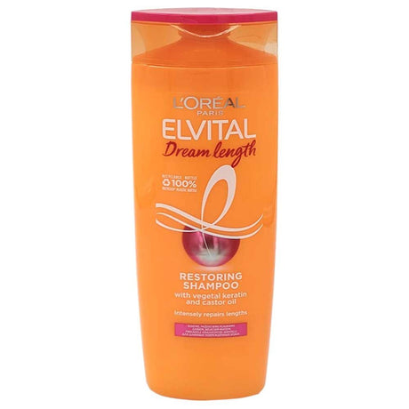 Șampon L'Oréal Elseve Dream Long Reparator 400 ml cu keratină și ulei de ricin, vedere frontală flacon
