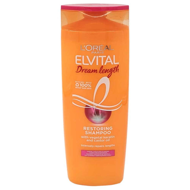 Șampon L'Oréal Elseve Dream Long Reparator 400 ml cu keratină și ulei de ricin, vedere frontală flacon