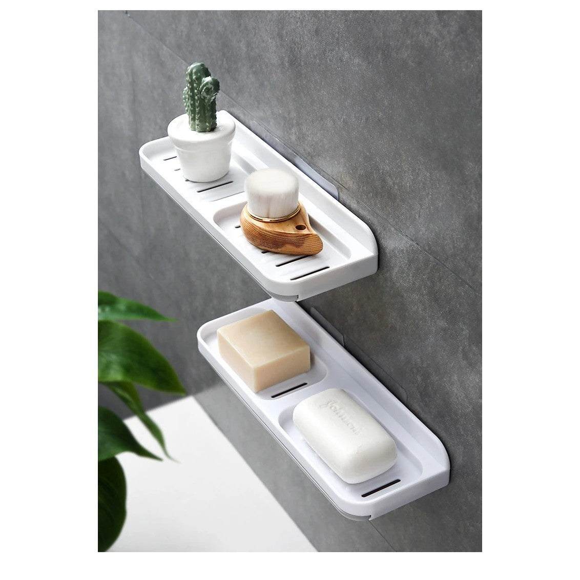 Savoniera Dubla, Flippy, de Perete, cu Compartiment de Scurgere, Montare prin Lipire, 26 x 8 x 4 cm, Alb/Gri