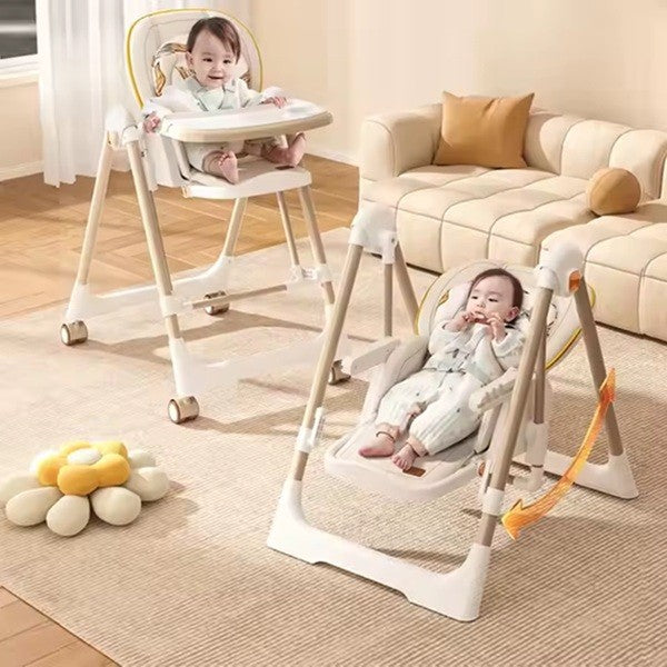 Scaun De Masa 2In1, Pentru Copii 6 Luni - 4 Ani, Pliabil, Cu Roti, Balansoar, Leagan, Reglabil, Tava De Masa Dubla, Centura In 5 Puncte, Sampanie - vivimall.ro