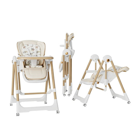 Scaun De Masa 2In1, Pentru Copii 6 Luni - 4 Ani, Pliabil, Cu Roti, Balansoar, Leagan, Reglabil, Tava De Masa Dubla, Centura In 5 Puncte, Sampanie - vivimall.ro